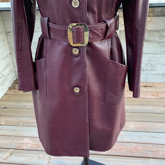 Vintage Di Costa Leather Overcoat Trench Coat Small Burgundy Belted 60s - Picture 4 of 16